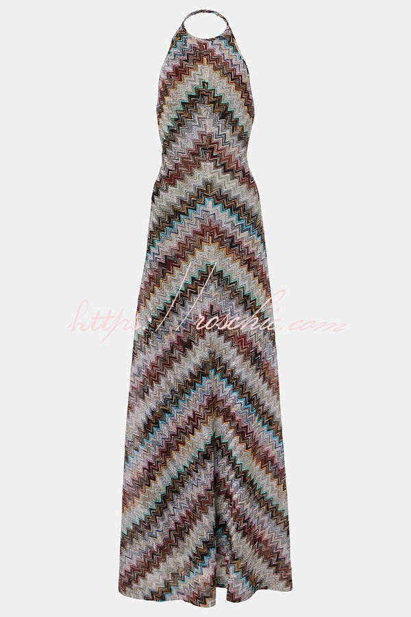 Knit Herringbone Print Halter Open-Back Maxi Dress