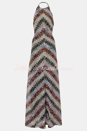 Knit Herringbone Print Halter Open-Back Maxi Dress