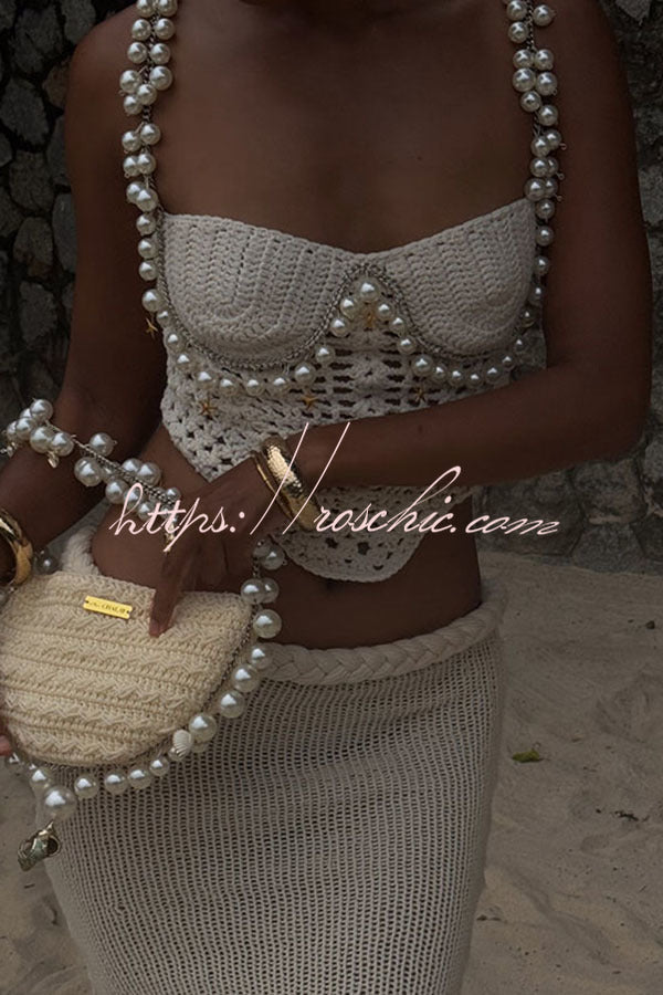 Crochet Knit Pearl Trim Sweetheart Crop Tank Top