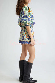 Linen Blend Puff Sleeve Romper with Pockets & Unique Print