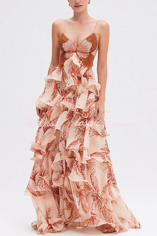 Butterfly Print Backless Ruffle Maxi Dress – Tie-Up Back