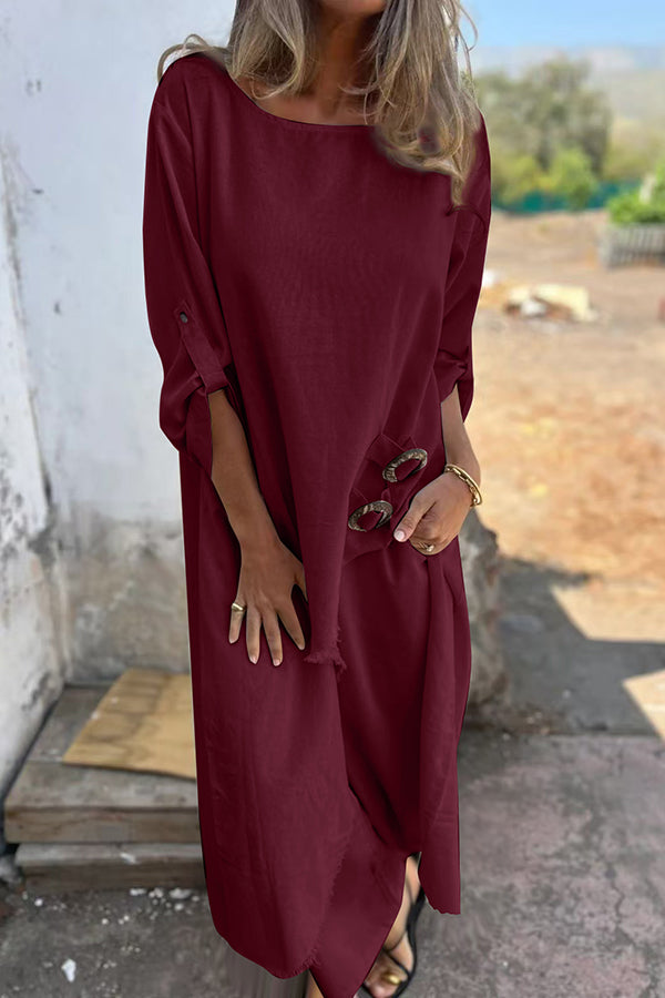 Linen Blend Midi Blouse and Wide-Leg Pants Set