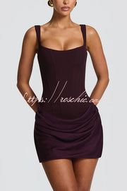 Satin Drape Square Neck Lace-Back Mini Dress