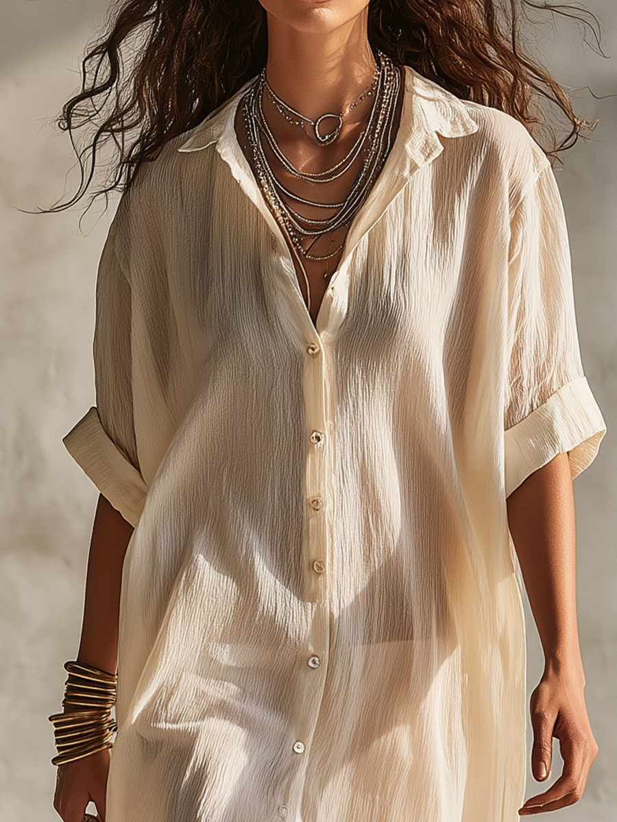 Champagne Button-Down Shirt Midi Dress with Long Sleeves