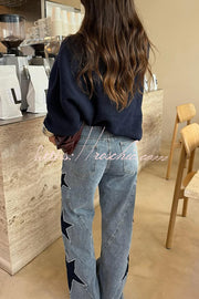 Women's Wide Leg Denim Jeans with Star Print Pockets