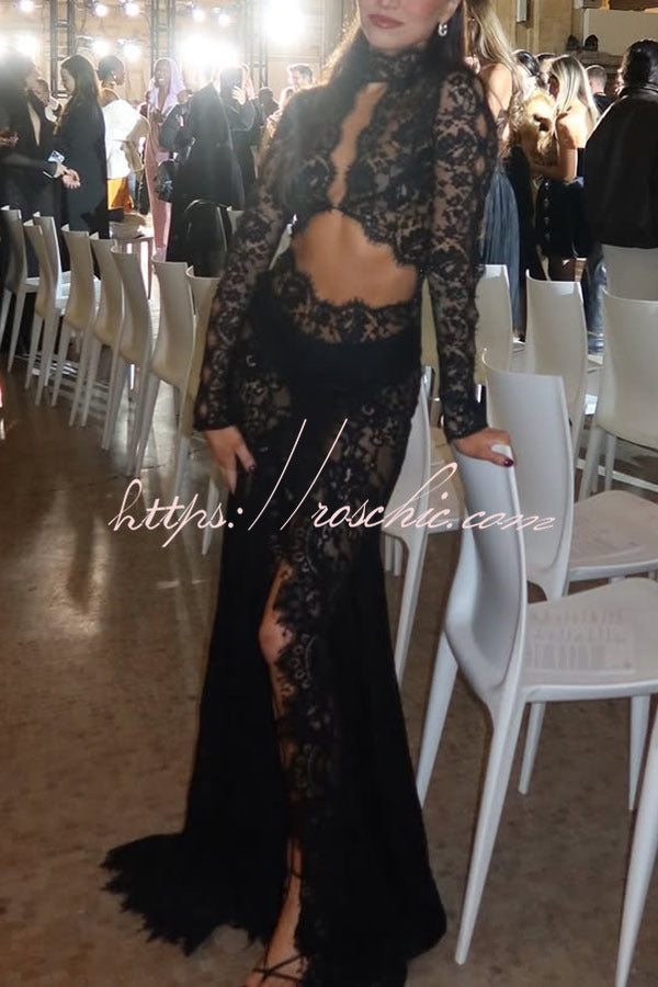 Sheer Lace Cutout Maxi Dress – Long Sleeve High Neck