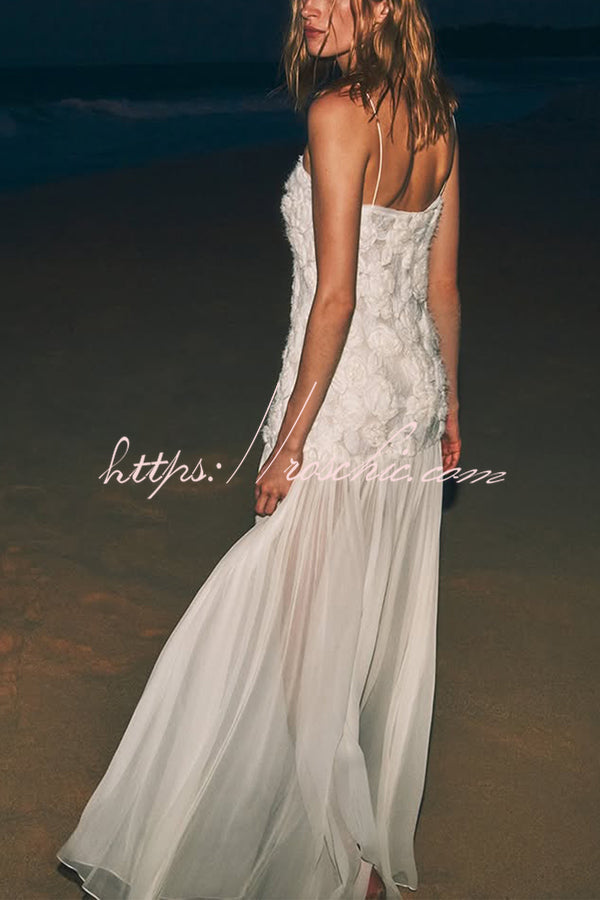 Floral Applique Pleated Chiffon Maxi Slip Dress