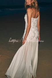Floral Applique Pleated Chiffon Maxi Slip Dress