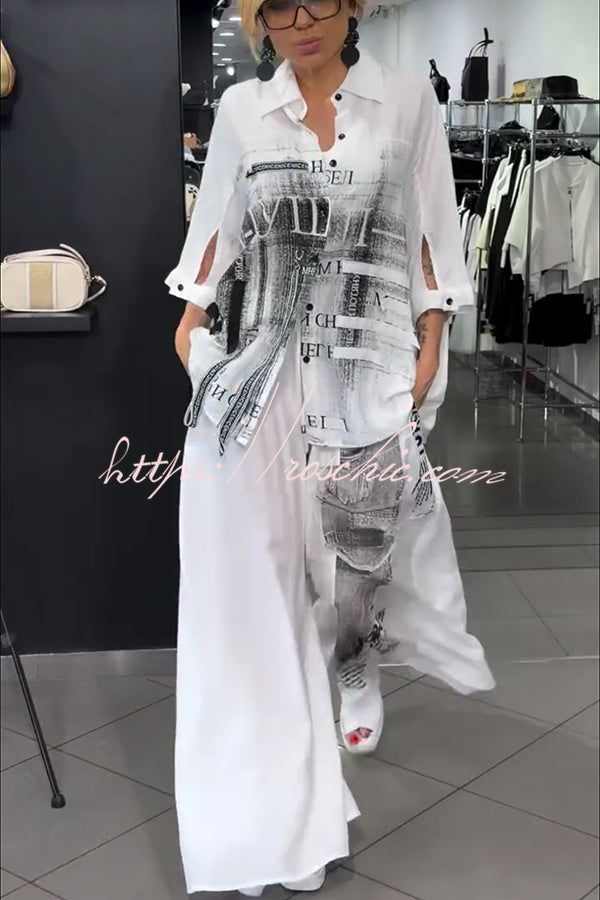 Graffiti Print Blouse & Wide Leg Pants Set | Casual Co-ord