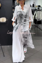 Graffiti Print Blouse & Wide Leg Pants Set | Casual Co-ord