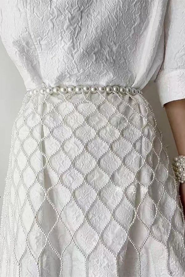 Pearl Tassel Waist Chain for Dresses – White