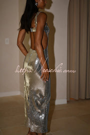 Sequin Backless Maxi Dress – Wide Strap Cutout Waist