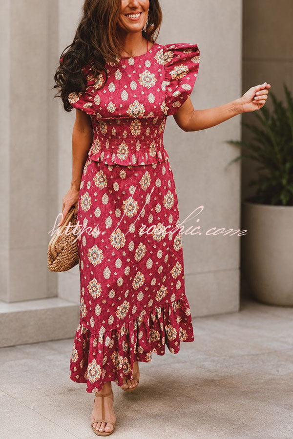 Printed Flutter Sleeve Smocked Top & Maxi Skirt Set