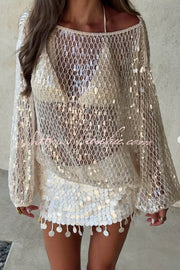 Sequin Knit Balloon Sleeve Cover-Up Top | Loose Wide Neck