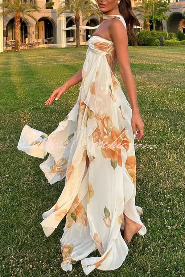 Floral Print Halter Neck Backless Maxi Dress with Slit
