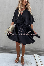 Batwing Sleeve Satin Mini Dress – Loose Fit V-Neck