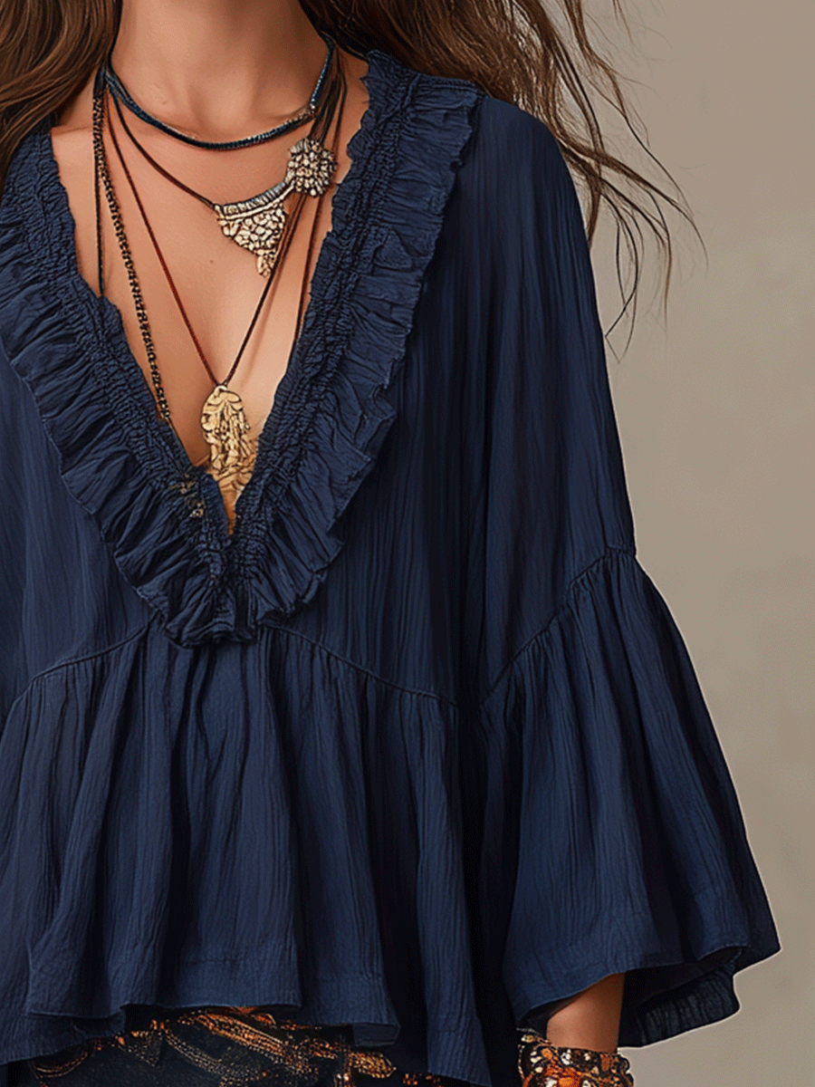 Deep Blue Ruffle Long Sleeve Boho Blouse