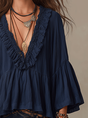 Deep Blue Ruffle Long Sleeve Boho Blouse