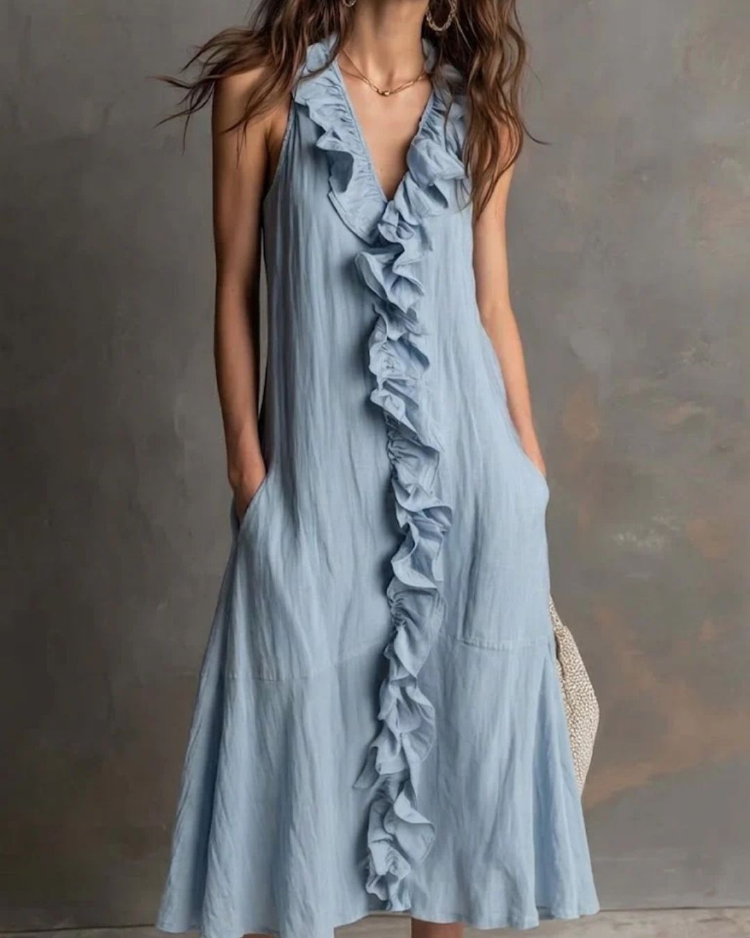 Ruffle-Front V-Neck Maxi Dress