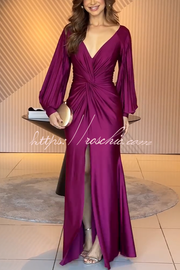 Satin Balloon Sleeve Twist Waist Maxi Dress with Slit