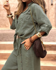 Linen-Blend Tie-Front Top & Wide-Leg Pants Set