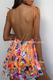 Sequin Floral V-Neck Open Back A-Line Mini Dress