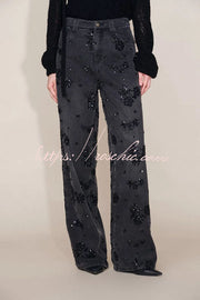 Beaded Sequin Floral Wide Leg Jeans Mid Rise with Pockets