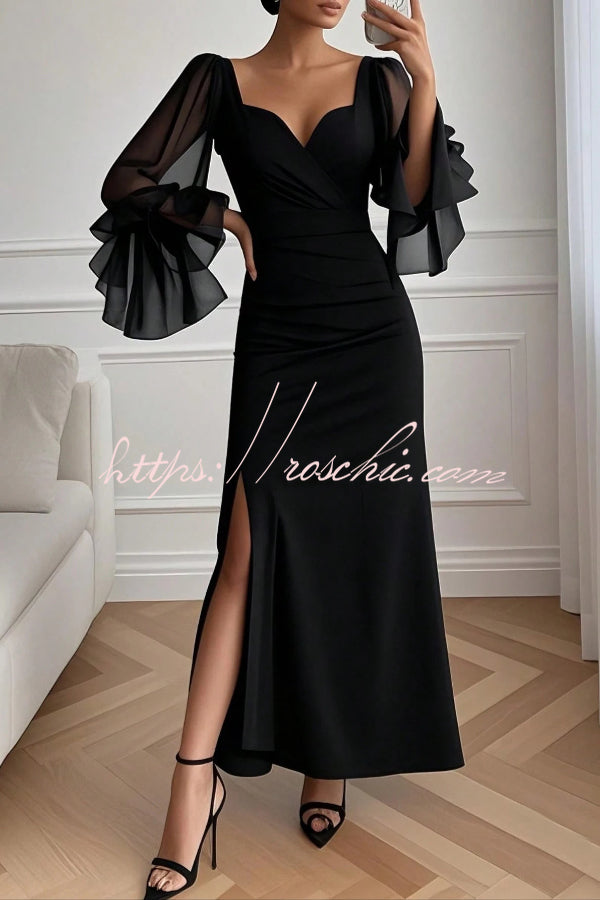 V-Neck Long Sleeve Maxi Dress with High Slit