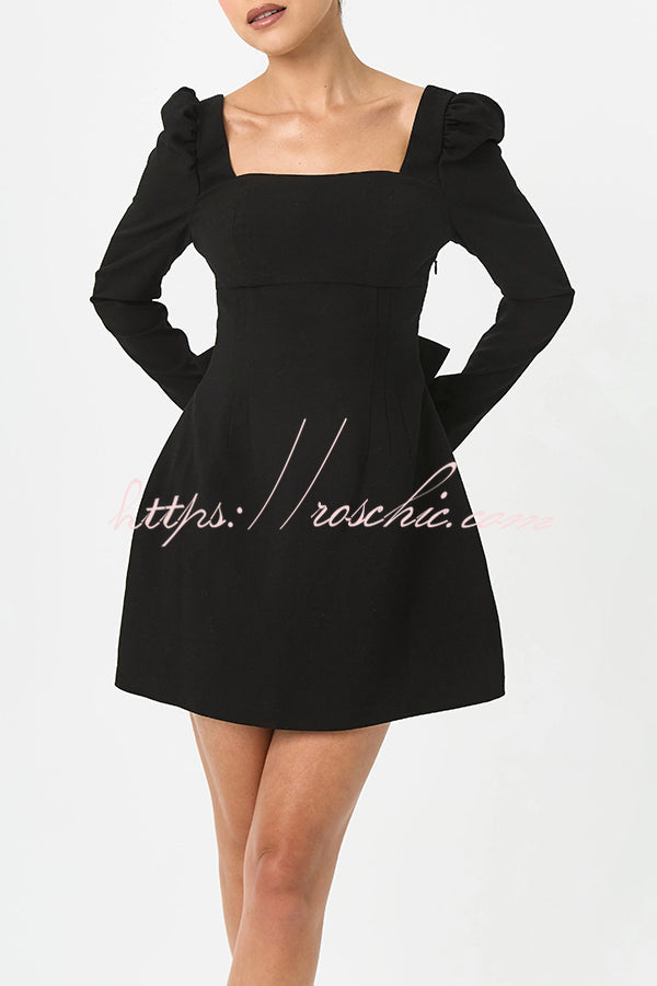 Puff Shoulder Mini Dress with Bow Back & Long Sleeves