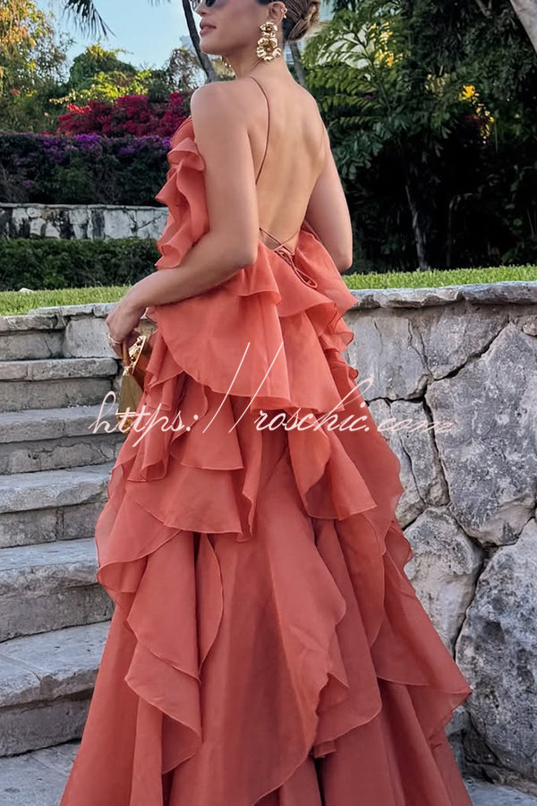 Rose Detail Tiered Ruffle Halter Maxi Dress