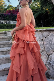 Rose Detail Tiered Ruffle Halter Maxi Dress