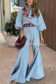 Linen Blend Floral Embroidery Stripe High Rise Flare Pants