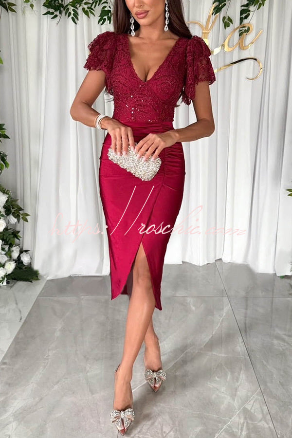 Lace & Satin Patchwork Ruffle Sleeve Ruched Midi Dress
