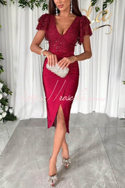 Lace & Satin Patchwork Ruffle Sleeve Ruched Midi Dress