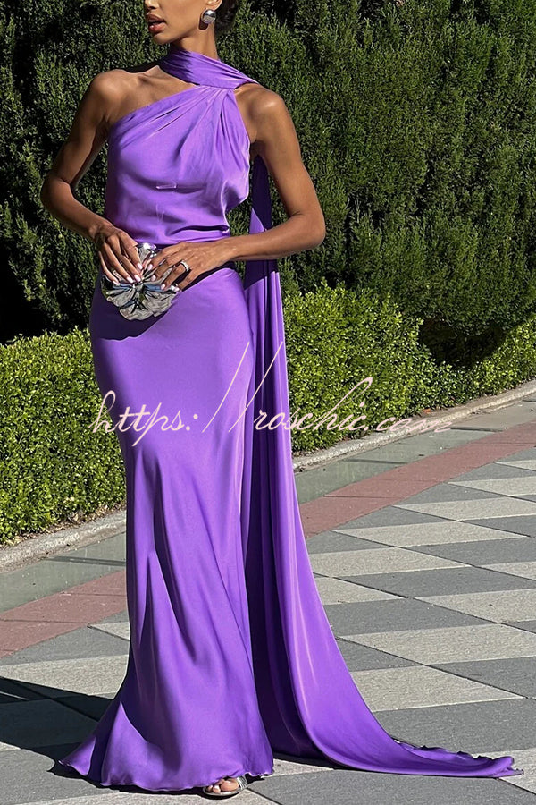 Satin One Shoulder Backless Cape Maxi Dress