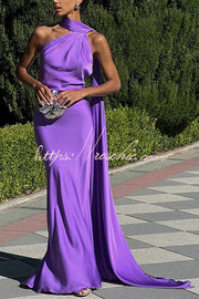 Satin One Shoulder Backless Cape Maxi Dress