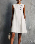 Linen Round Neck Buttons Mini Dress