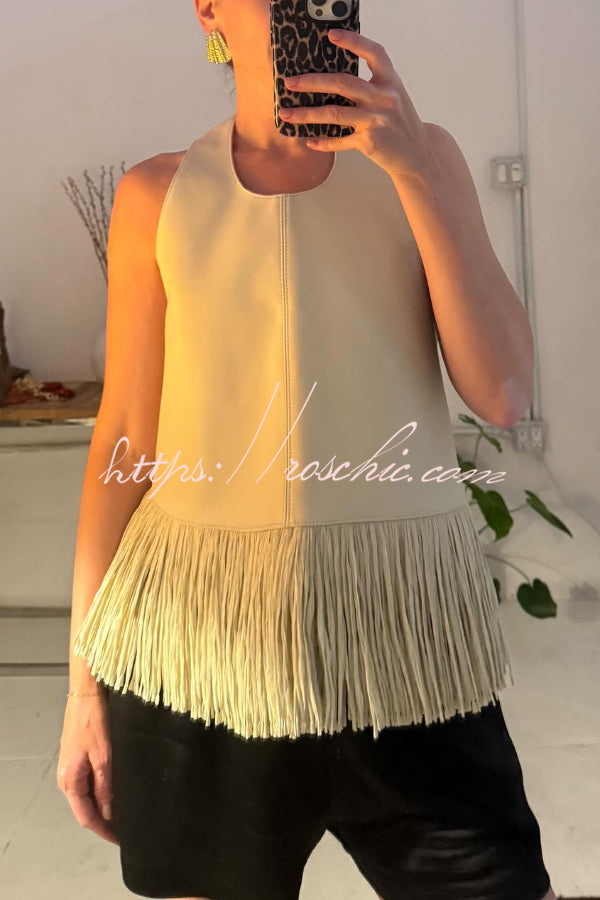 Faux Leather Halter Neck Sleeveless Top with Tassel Detail