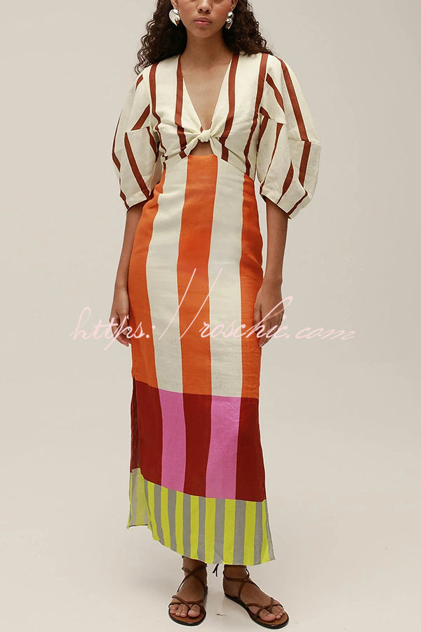 Linen Blend Color Block Puff Sleeve Maxi Dress