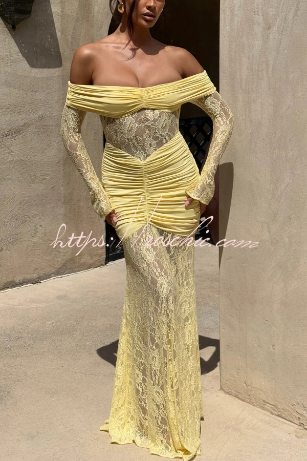 Off-Shoulder Lace Maxi Dress – Slim-Fit Long Sleeve
