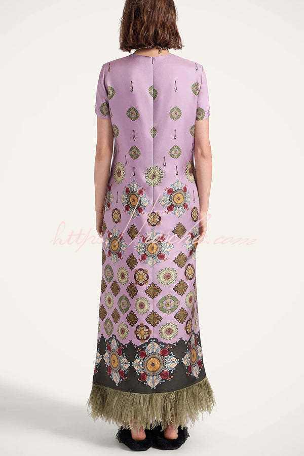 Satin Baroque Printed Maxi Dress with Feather Trim