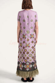 Satin Baroque Printed Maxi Dress with Feather Trim