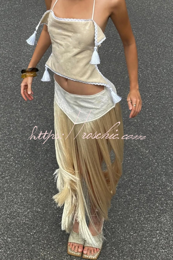 Halter Neck Lace-Up Backless Crop Top with Tassel Detail