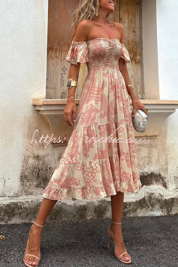 Printed Off-Shoulder Smocked Midi Dress with Ruffle Sleeves