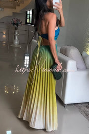 Backless Halter Pleated Gradient Maxi Dress – Vacation Wear