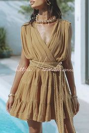 Linen Blend Draped Mini Dress with Braided Belt Detail