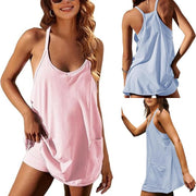 SCUSTY Women's Summer Sleeveless  Mini Dress with Built-in Shorts V Neck Spaghetti Straps Athletic Shorts Tennis Dress with Pockets