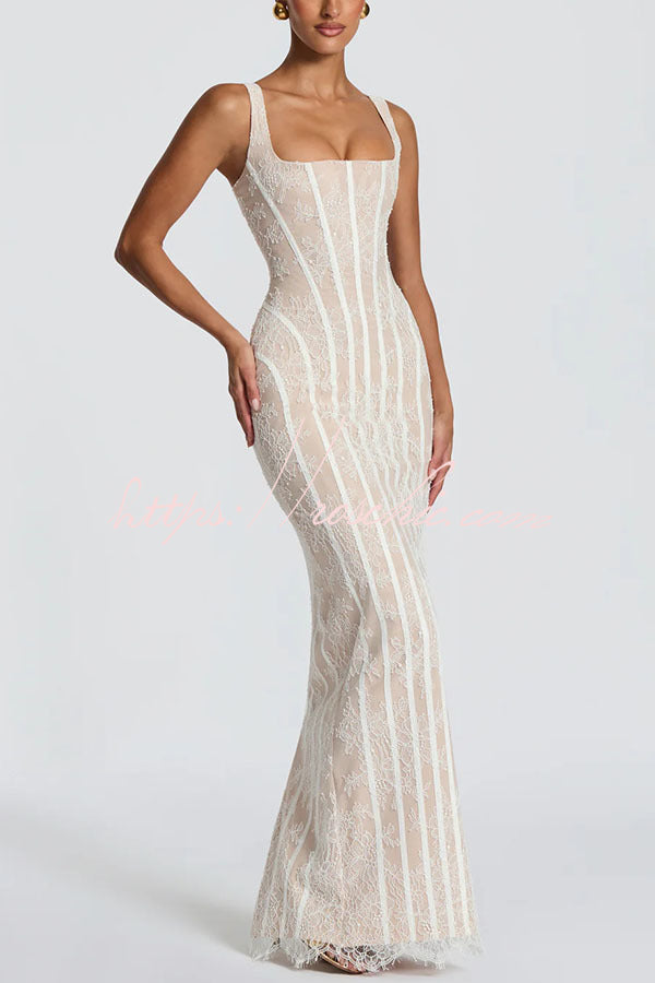 Floral Lace Square Neck Lace-Up Slit Maxi Dress