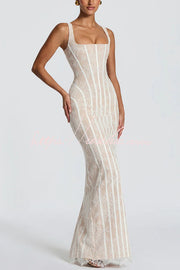 Floral Lace Square Neck Lace-Up Slit Maxi Dress