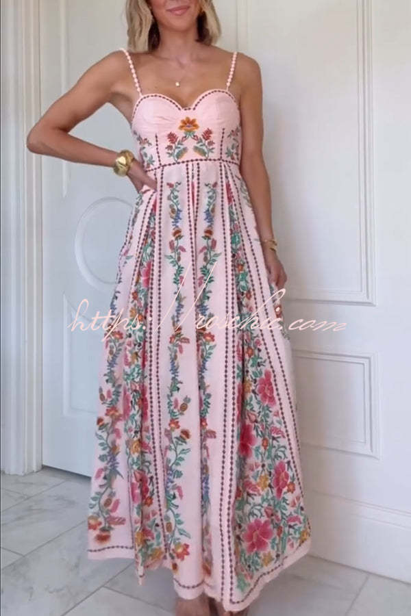 Linen Blend Maxi Dress with Sweetheart Neck & Beaded Straps